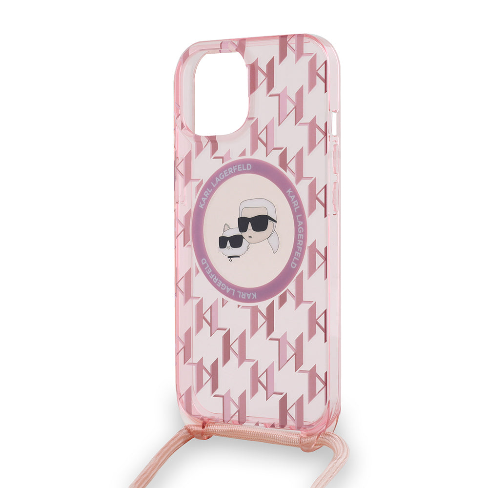 MagSafe Hülle für Apple iPhone 15, Karl Lagerfeld, IML Crossbody Monogram Karl & Choupette's Heads, Rosa