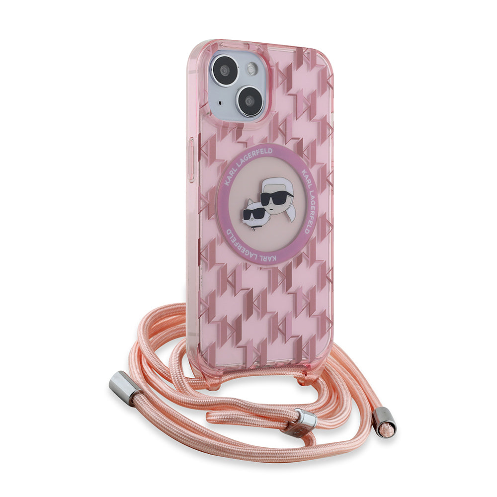 MagSafe Hülle für Apple iPhone 15, Karl Lagerfeld, IML Crossbody Monogram Karl & Choupette's Heads, Rosa