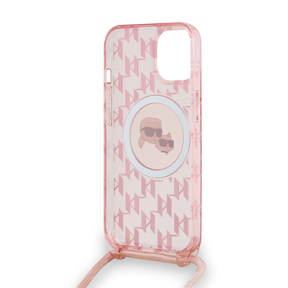 MagSafe Hülle für Apple iPhone 15, Karl Lagerfeld, IML Crossbody Monogram Karl & Choupette's Heads, Rosa