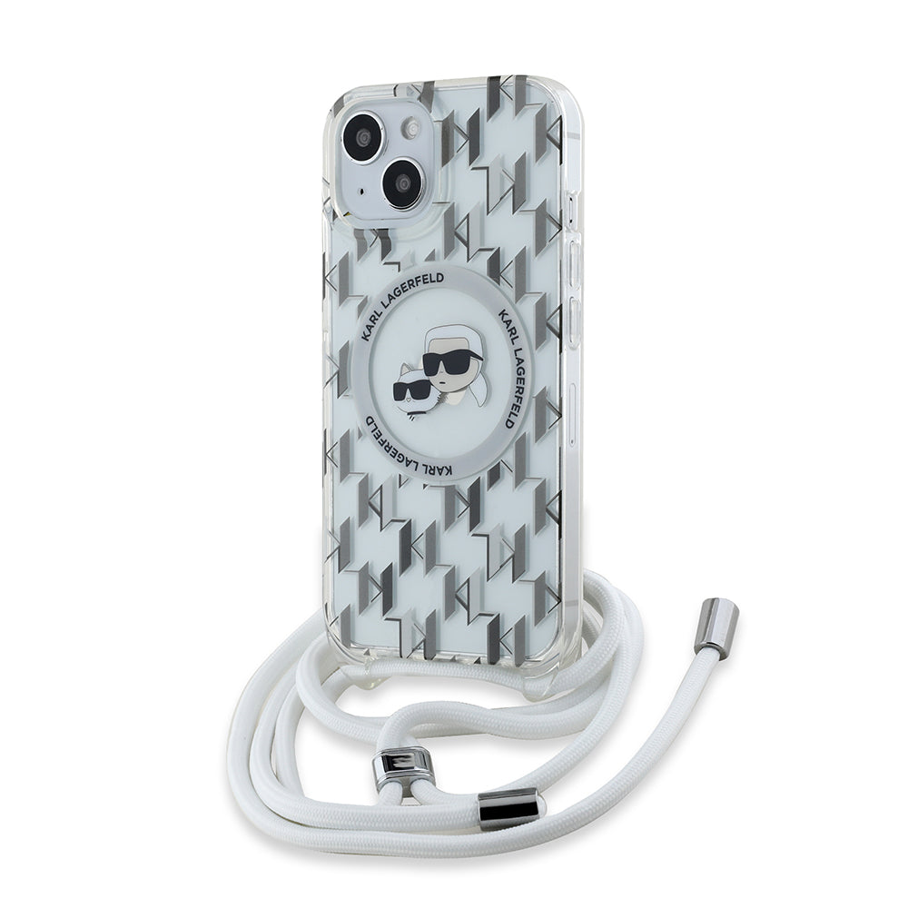 MagSafe Hülle für Apple iPhone 15, Karl Lagerfeld, IML Crossbody Monogram Karl & Choupette's Heads, Transparent