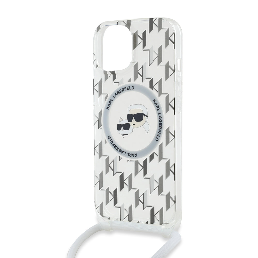 MagSafe Hülle für Apple iPhone 15, Karl Lagerfeld, IML Crossbody Monogram Karl & Choupette's Heads, Transparent