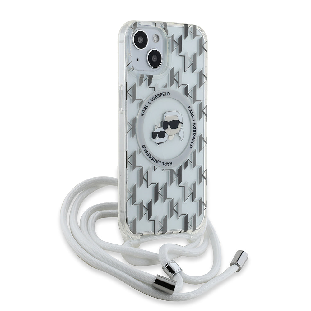 MagSafe Hülle für Apple iPhone 15, Karl Lagerfeld, IML Crossbody Monogram Karl & Choupette's Heads, Transparent
