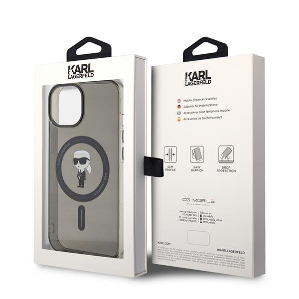 MagSafe Hülle für Apple iPhone 15, Karl Lagerfeld, IML Ikonik Karl, Schwarz