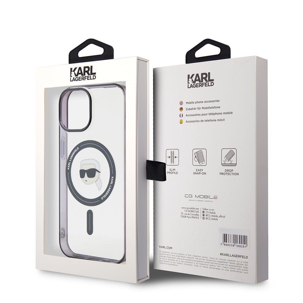 MagSafe Hülle für Apple iPhone 15, Karl Lagerfeld, IML Karl's Head, Transparent