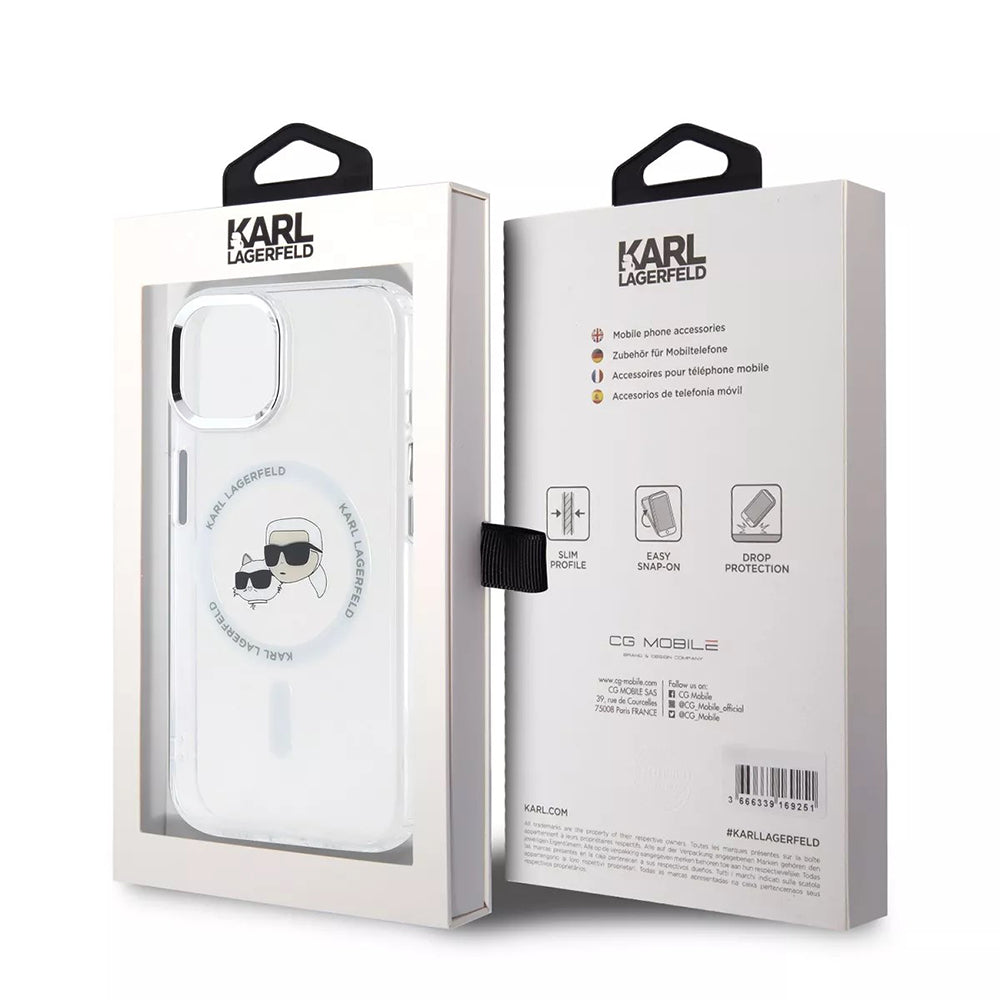 MagSafe Case for Apple iPhone 15, Karl Lagerfeld, IML Metal Karl & Choupette's Heads, White