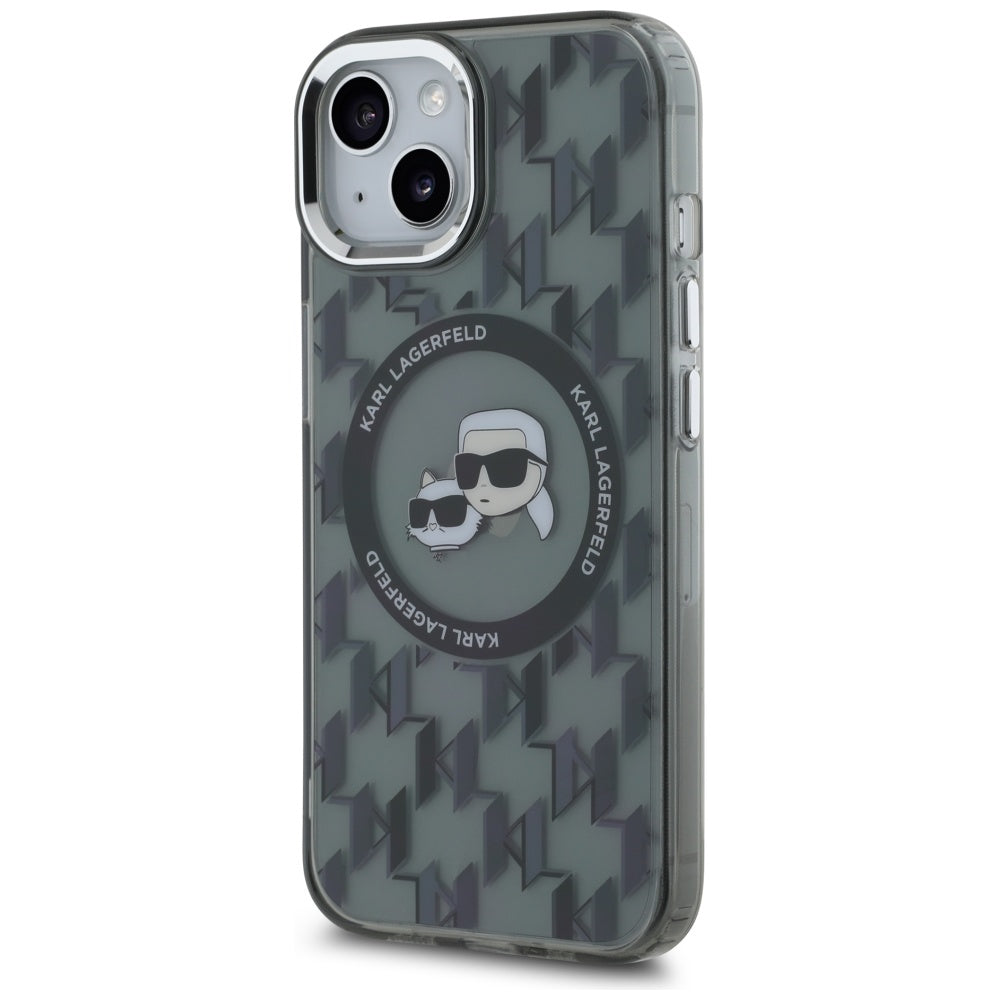 MagSafe Hülle für Apple iPhone 15, Karl Lagerfeld, IML Monogramm Karl & Choupette's Köpfe, Schwarz