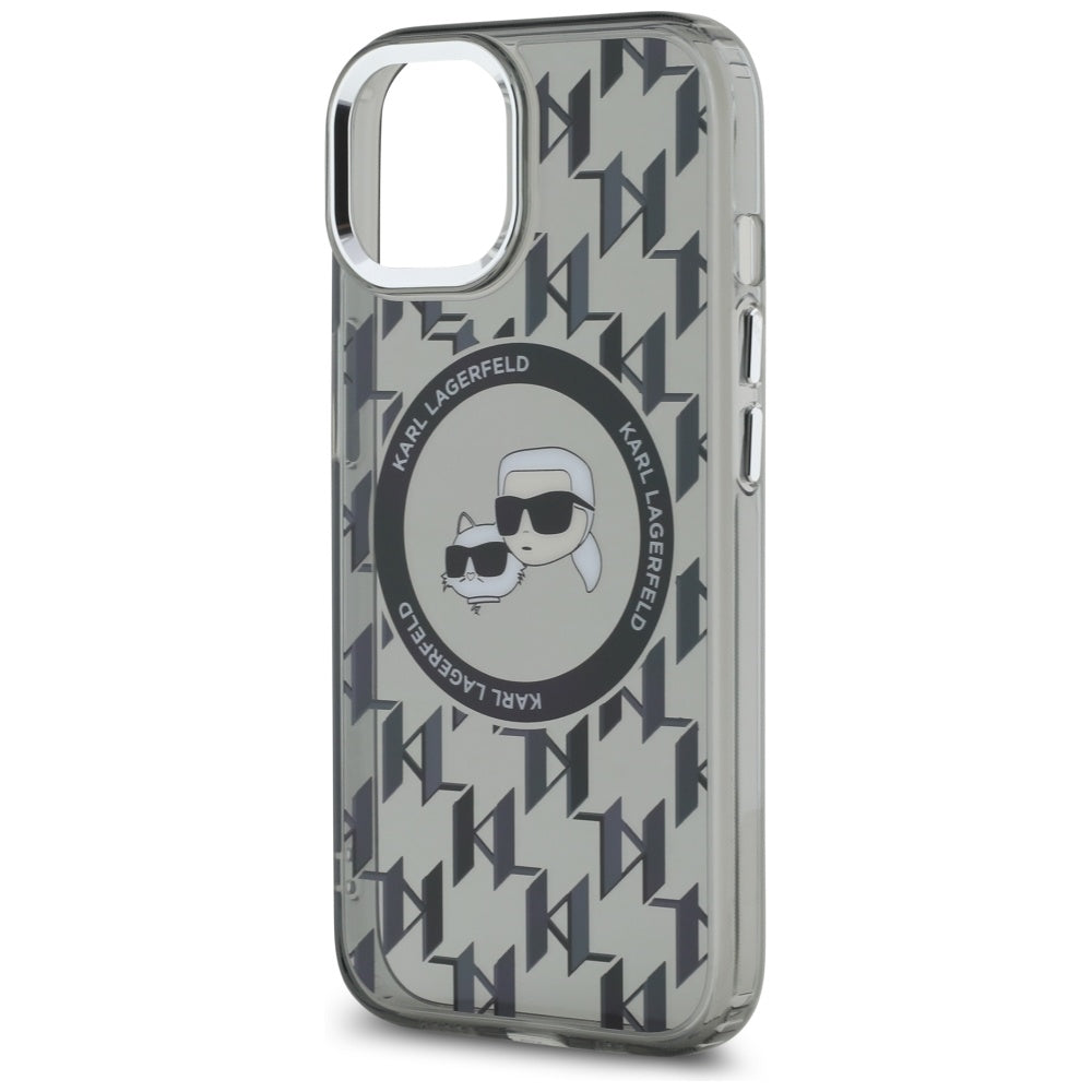MagSafe Hülle für Apple iPhone 15, Karl Lagerfeld, IML Monogramm Karl & Choupette's Köpfe, Schwarz