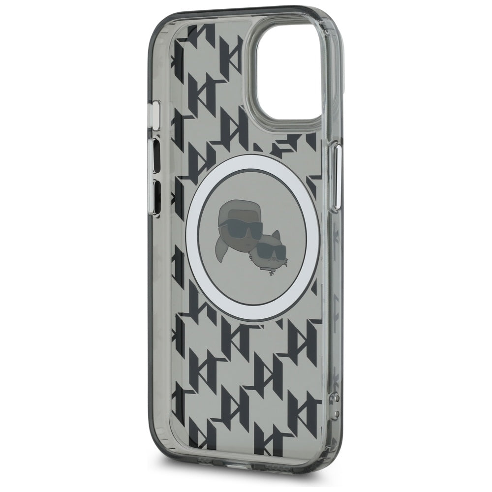 MagSafe Hülle für Apple iPhone 15, Karl Lagerfeld, IML Monogramm Karl & Choupette's Köpfe, Schwarz