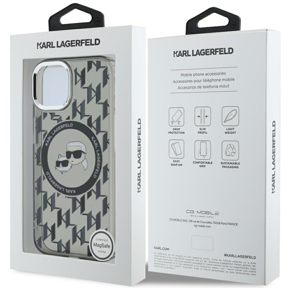 MagSafe Hülle für Apple iPhone 15, Karl Lagerfeld, IML Monogramm Karl & Choupette's Köpfe, Schwarz