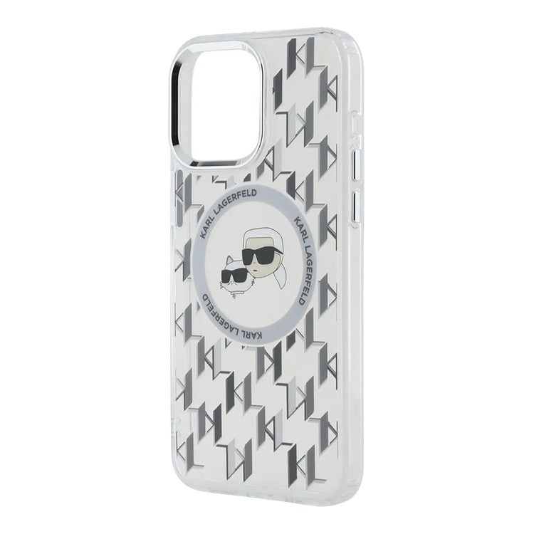MagSafe Hülle für Apple iPhone 15, Karl Lagerfeld, IML Monogramm Karl & Choupette's Köpfe, Transparent