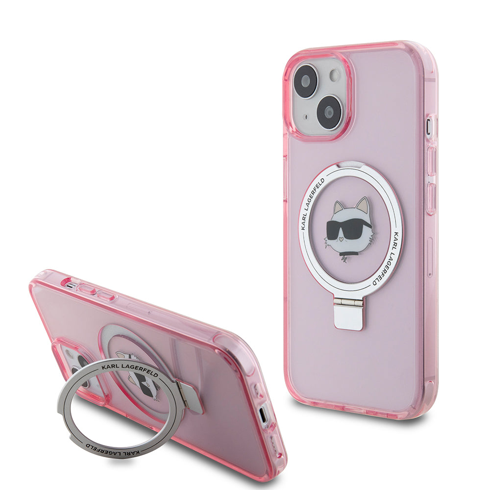 MagSafe Hülle für Apple iPhone 15, Karl Lagerfeld, Ring Stand Choupette's Head, Rosa