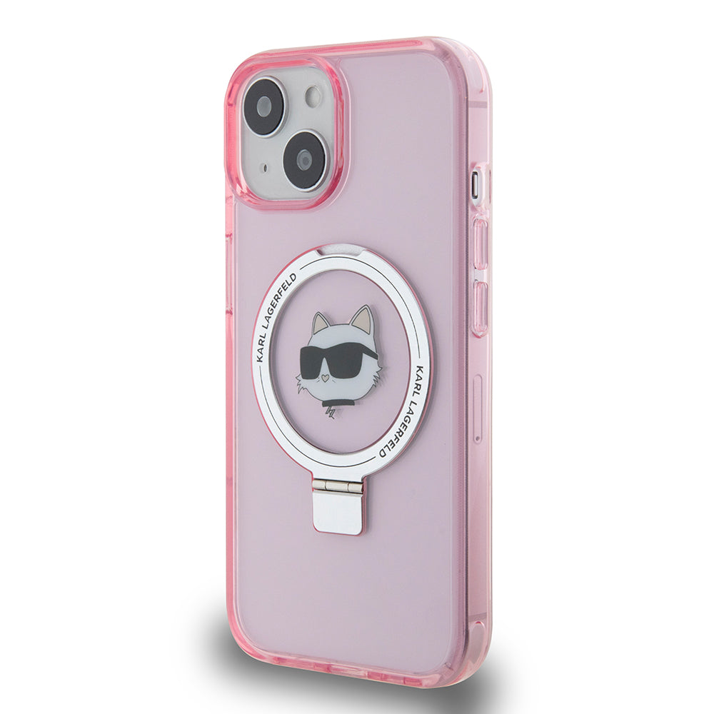 MagSafe Hülle für Apple iPhone 15, Karl Lagerfeld, Ring Stand Choupette's Head, Rosa