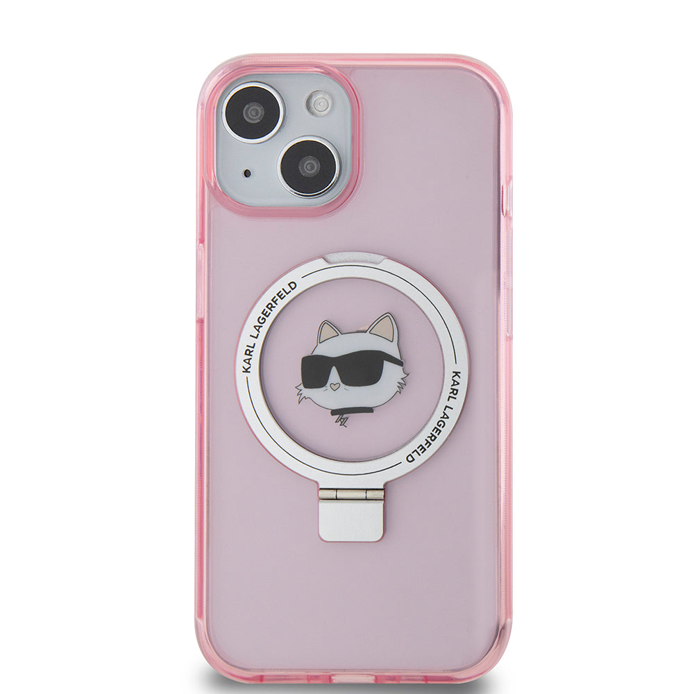 MagSafe Hülle für Apple iPhone 15, Karl Lagerfeld, Ring Stand Choupette's Head, Rosa
