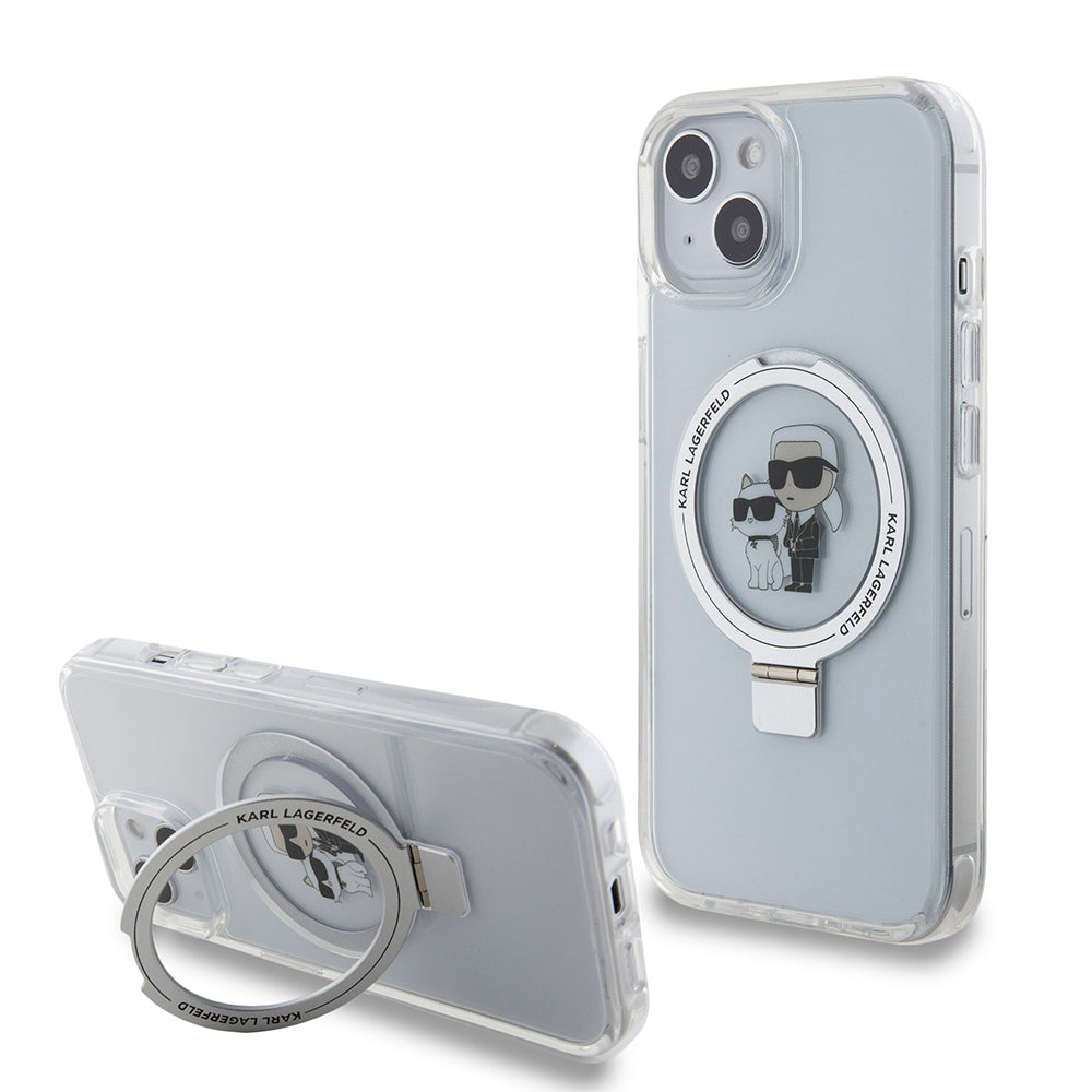MagSafe Hülle für Apple iPhone 15, Karl Lagerfeld, Ring Stand Karl & Choupette, Weiß