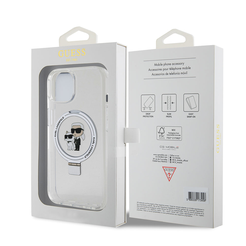 MagSafe Hülle für Apple iPhone 15, Karl Lagerfeld, Ring Stand Karl & Choupette, Weiß