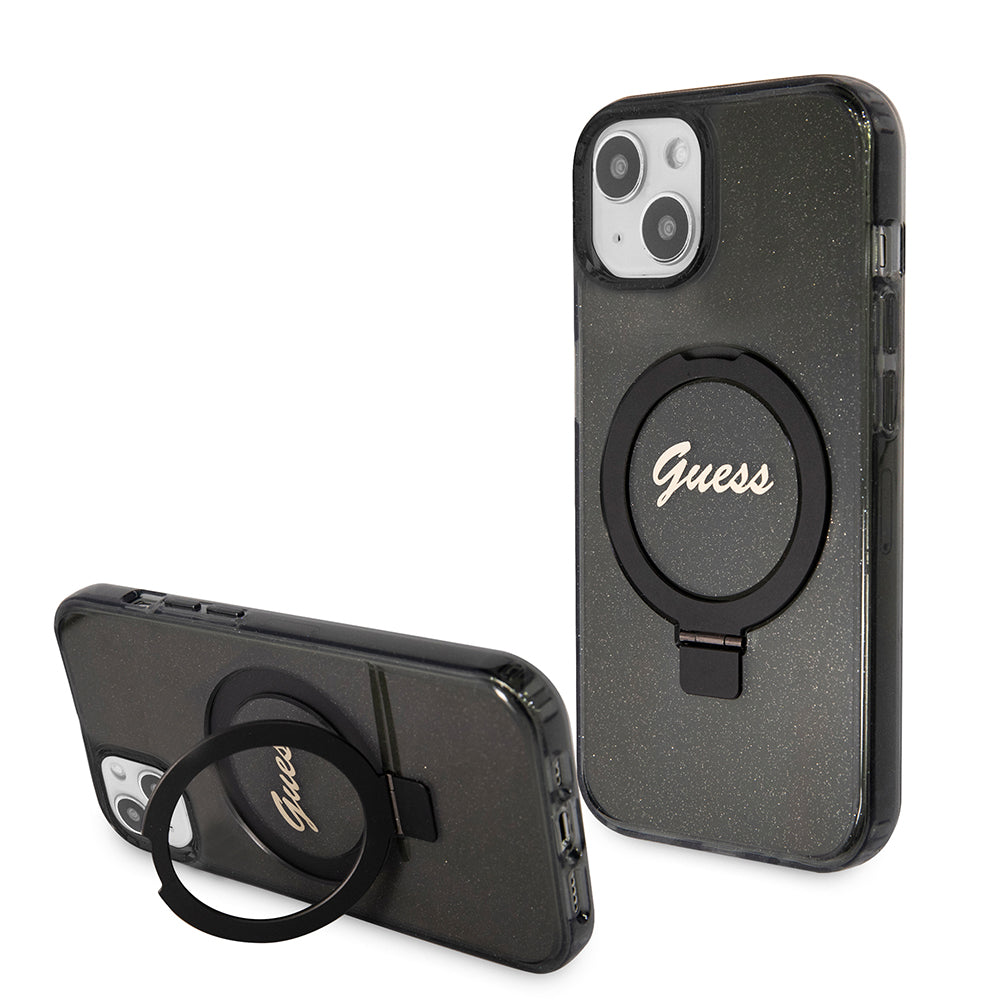 MagSafe Hülle für Apple iPhone 15 Plus, Guess, Ring Stand Script Glitter, Schwarz