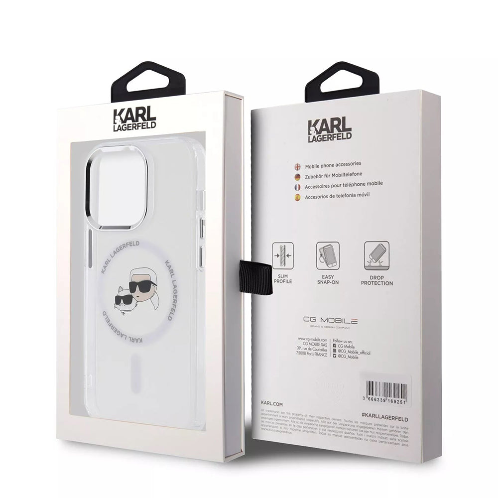 MagSafe Case for Apple iPhone 15 Pro, Karl Lagerfeld, IML Metal Karl & Choupette's Heads, White