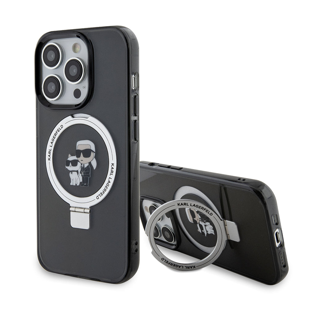 MagSafe Hülle für Apple iPhone 15 Pro, Karl Lagerfeld, Ring Stand Karl & Choupette, Schwarz