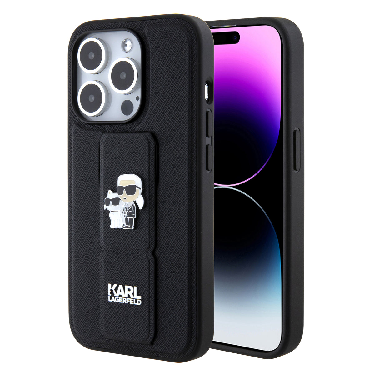MagSafe Hülle für Apple iPhone 15 Pro, Karl Lagerfeld, Saffiano Gripstand Karl & Choupette, Schwarz