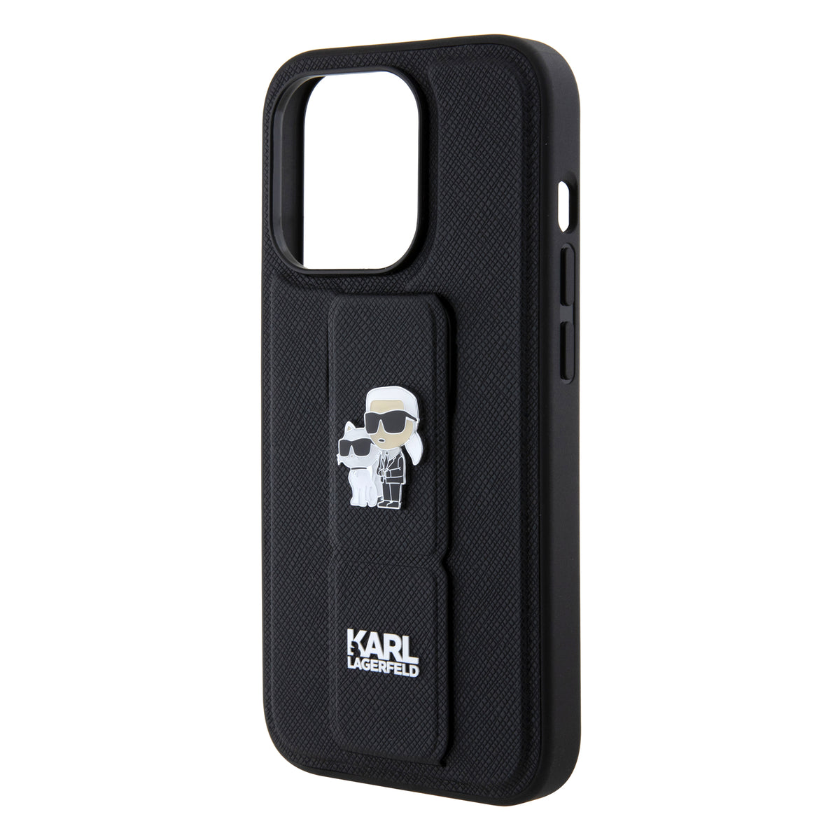 MagSafe Hülle für Apple iPhone 15 Pro, Karl Lagerfeld, Saffiano Gripstand Karl & Choupette, Schwarz