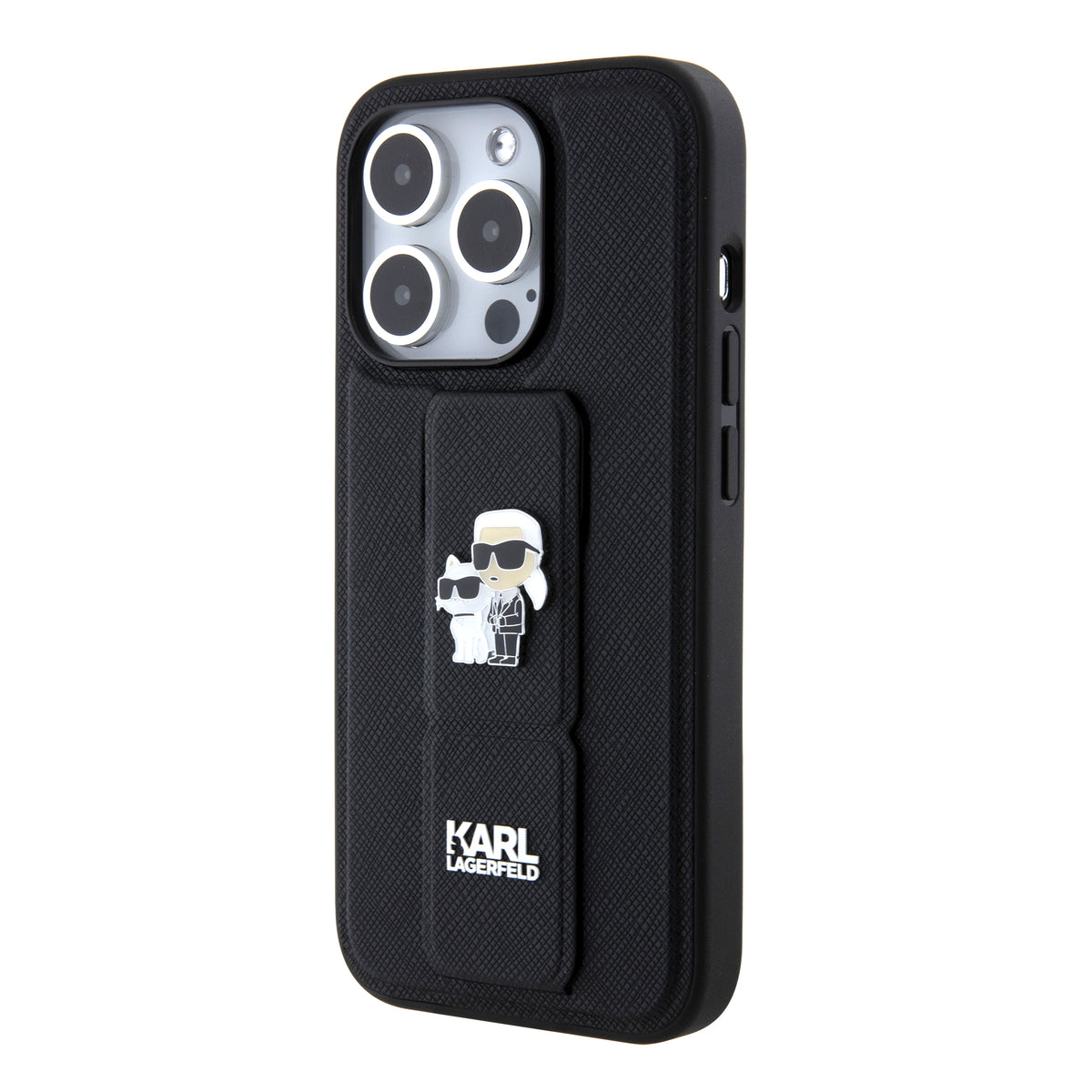 MagSafe Hülle für Apple iPhone 15 Pro, Karl Lagerfeld, Saffiano Gripstand Karl & Choupette, Schwarz