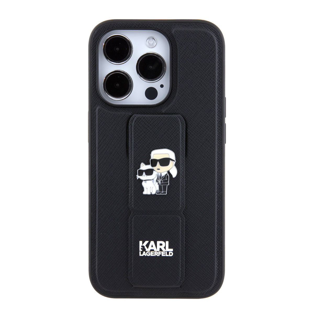 MagSafe Hülle für Apple iPhone 15 Pro, Karl Lagerfeld, Saffiano Gripstand Karl & Choupette, Schwarz
