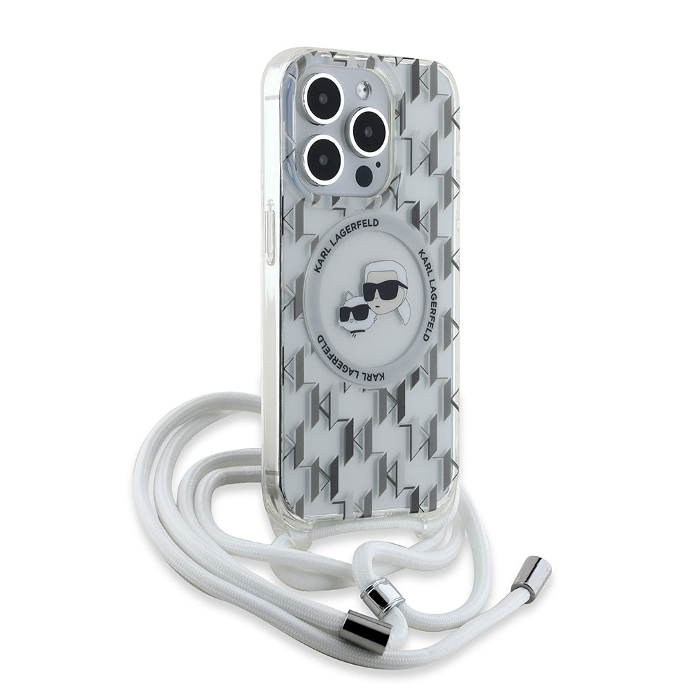 MagSafe Case for Apple iPhone 15 Pro Max, Karl Lagerfeld, IML Crossbody Monogram Karl & Choupette's Heads, Transparent