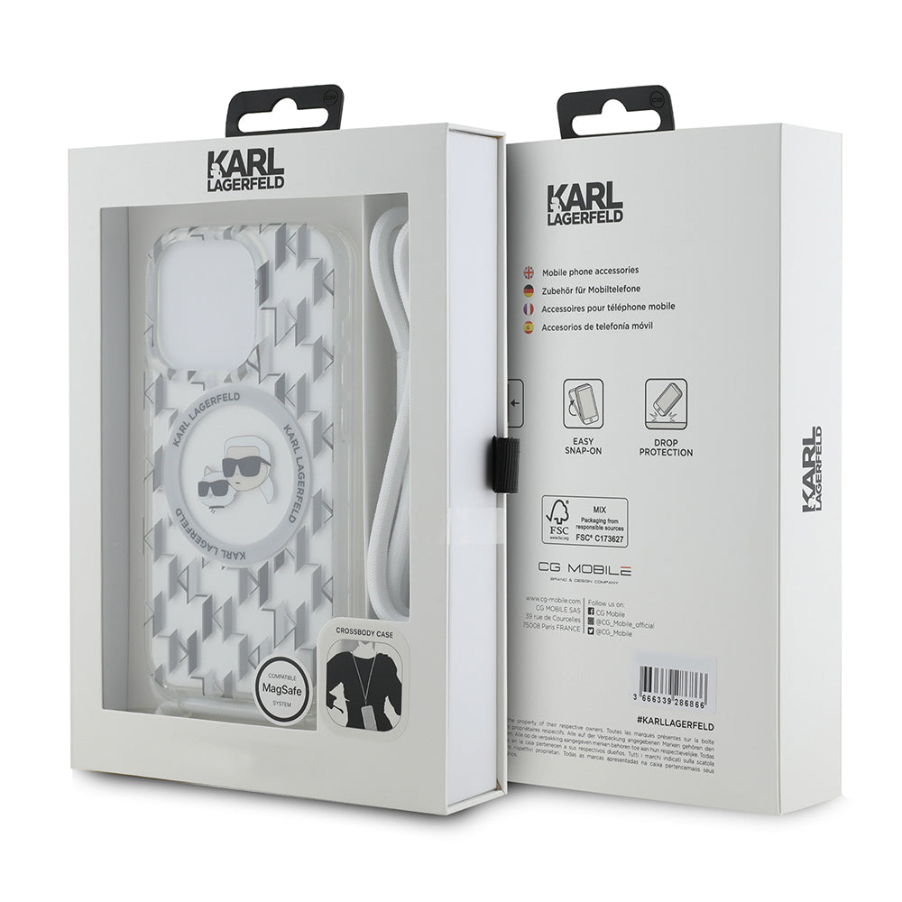 MagSafe Case for Apple iPhone 15 Pro Max, Karl Lagerfeld, IML Crossbody Monogram Karl & Choupette's Heads, Transparent