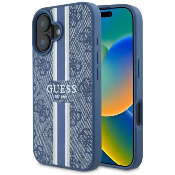 MagSafe Hülle für Apple iPhone 16, Guess, 4G Printed Stripes, Blau