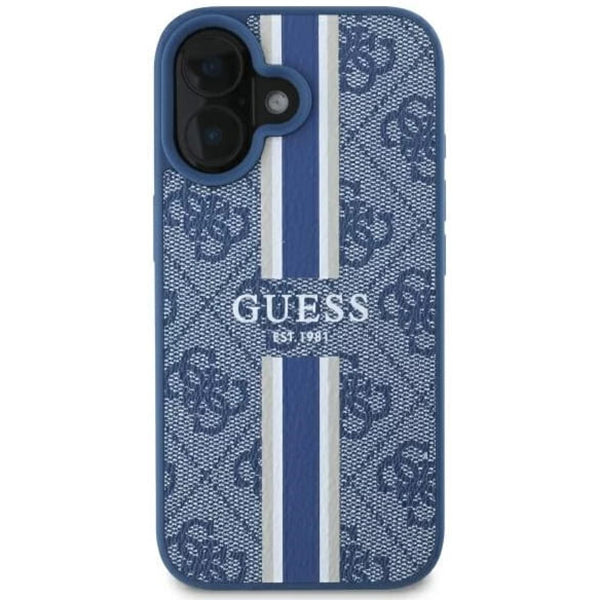 MagSafe Hülle für Apple iPhone 16, Guess, 4G Printed Stripes, Blau
