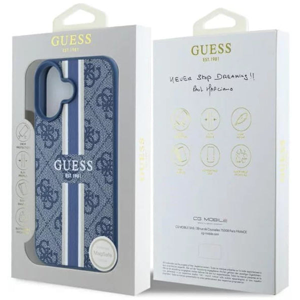 MagSafe Hülle für Apple iPhone 16, Guess, 4G Printed Stripes, Blau