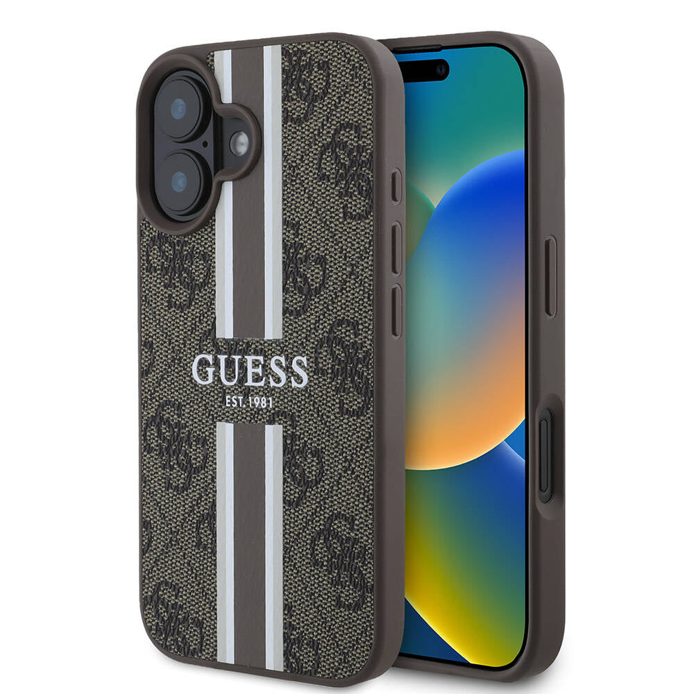 MagSafe Hülle für Apple iPhone 16, Guess, 4G Printed Stripes, Braun