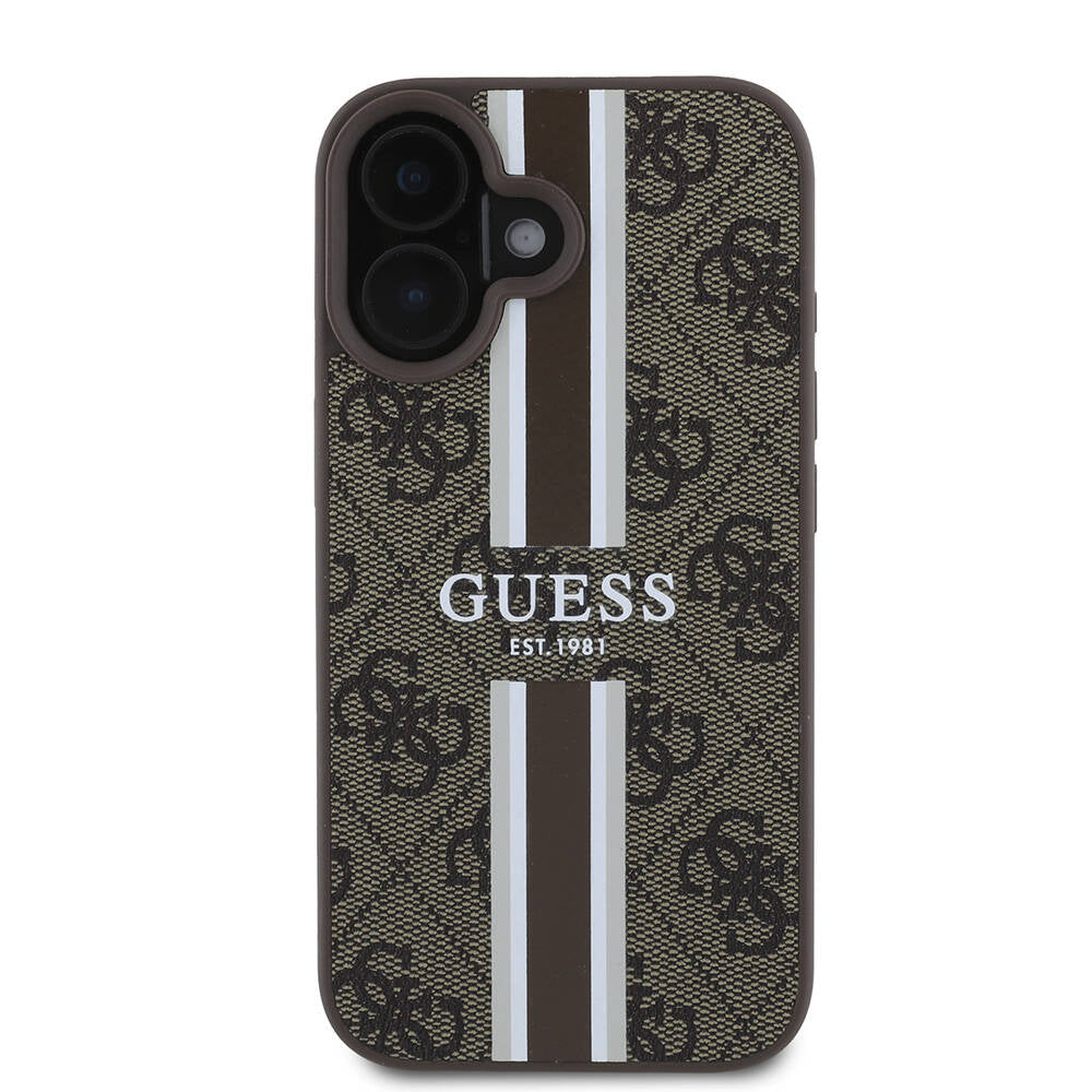 MagSafe Hülle für Apple iPhone 16, Guess, 4G Printed Stripes, Braun