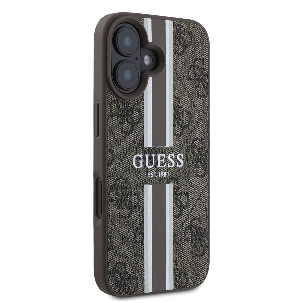 MagSafe Hülle für Apple iPhone 16, Guess, 4G Printed Stripes, Braun