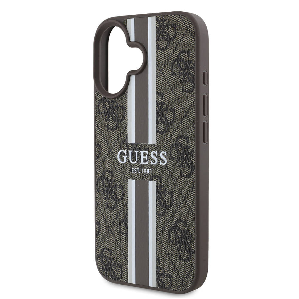MagSafe Hülle für Apple iPhone 16, Guess, 4G Printed Stripes, Braun