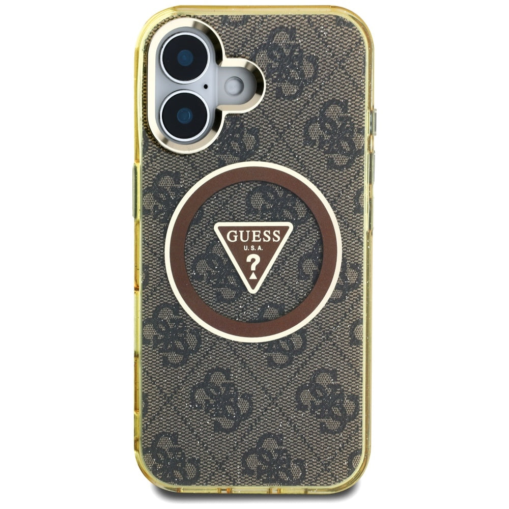 MagSafe Hülle für Apple iPhone 16, Guess, IML Glitter 4G Circle Triangle, Braun