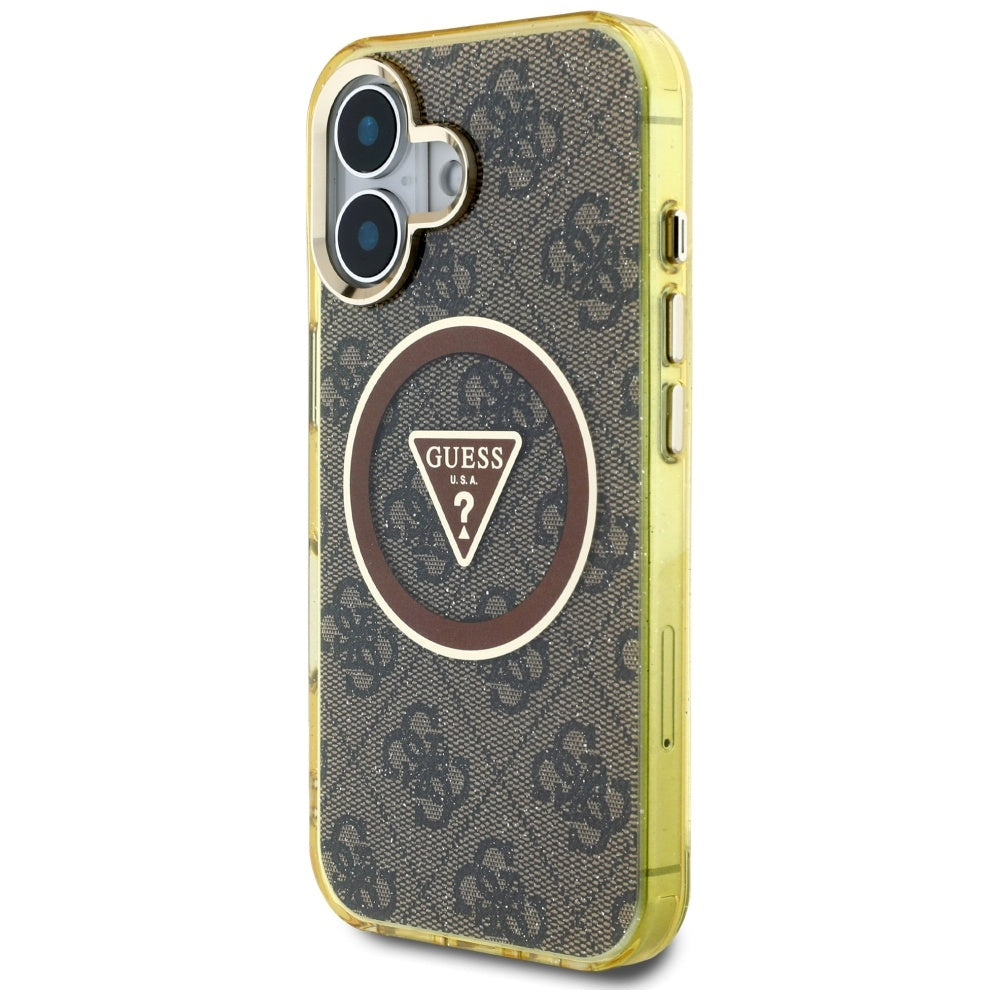 MagSafe Hülle für Apple iPhone 16, Guess, IML Glitter 4G Circle Triangle, Braun