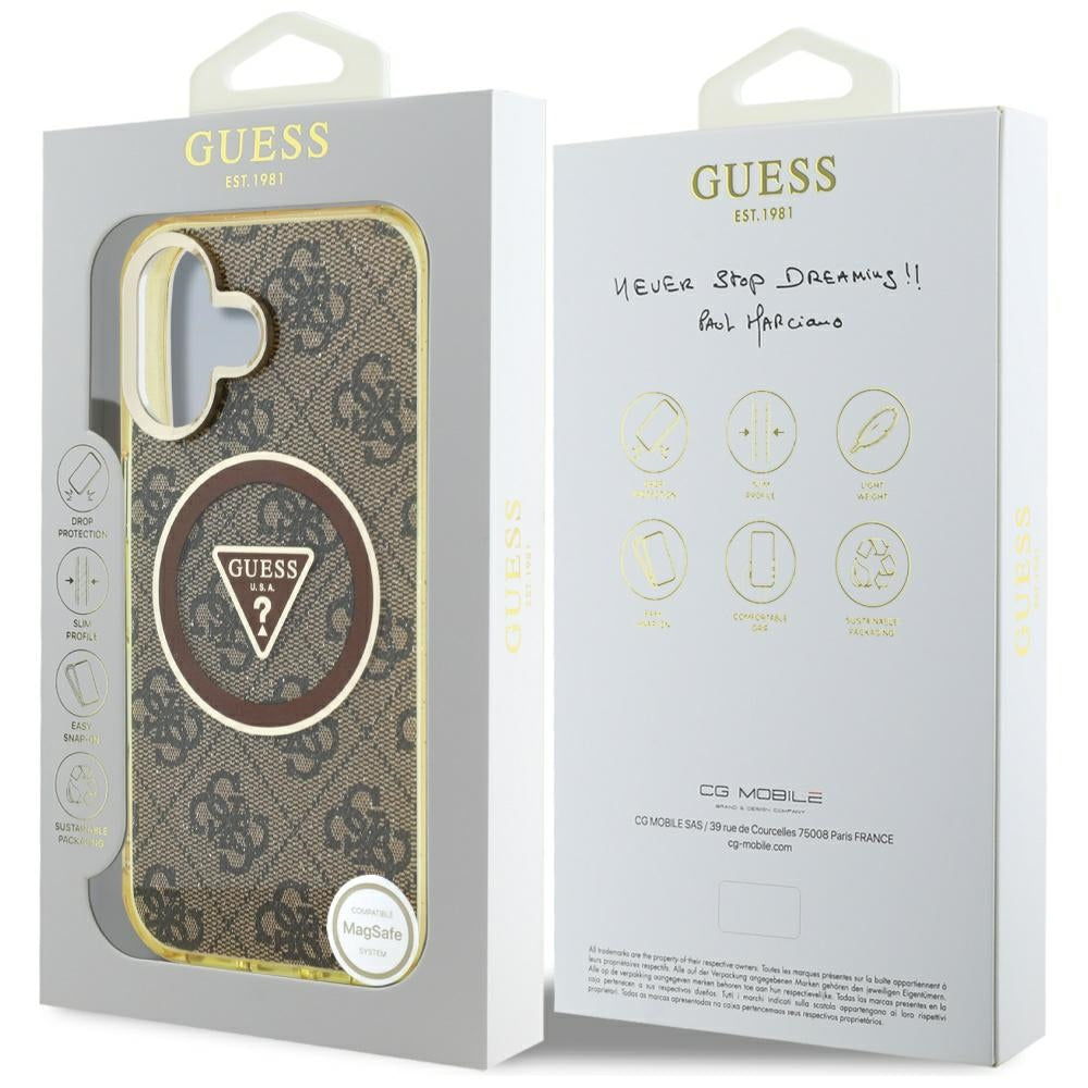 MagSafe Hülle für Apple iPhone 16, Guess, IML Glitter 4G Circle Triangle, Braun