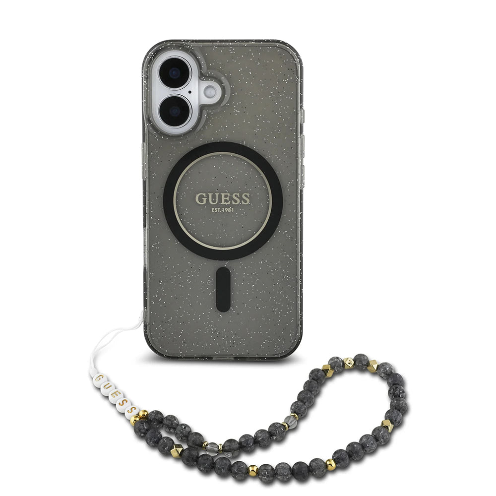 MagSafe Hülle für Apple iPhone 16, Guess, IML Glitter mit Perlenband, Schwarz