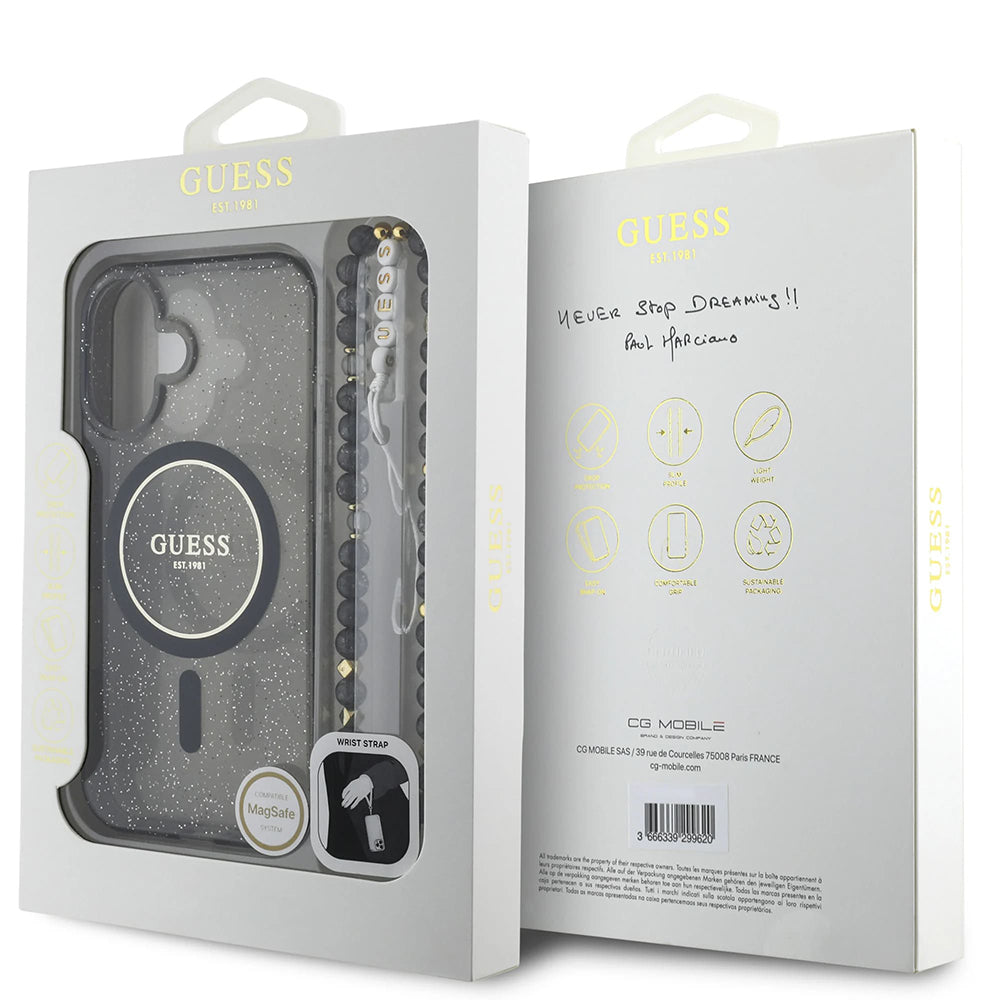 MagSafe Hülle für Apple iPhone 16, Guess, IML Glitter mit Perlenband, Schwarz