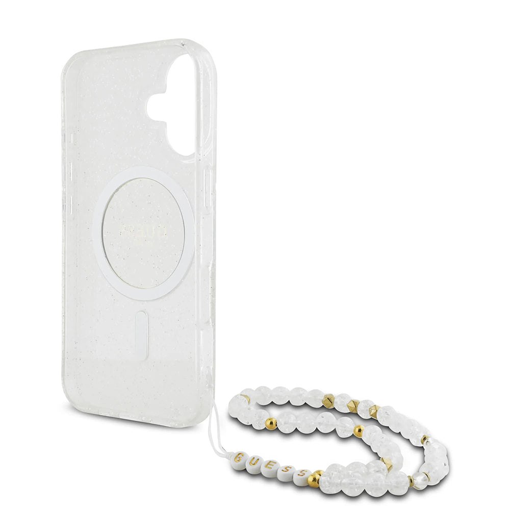 MagSafe Case for Apple iPhone 16, Guess, IML Glitter with Pearl Strap, Transparent