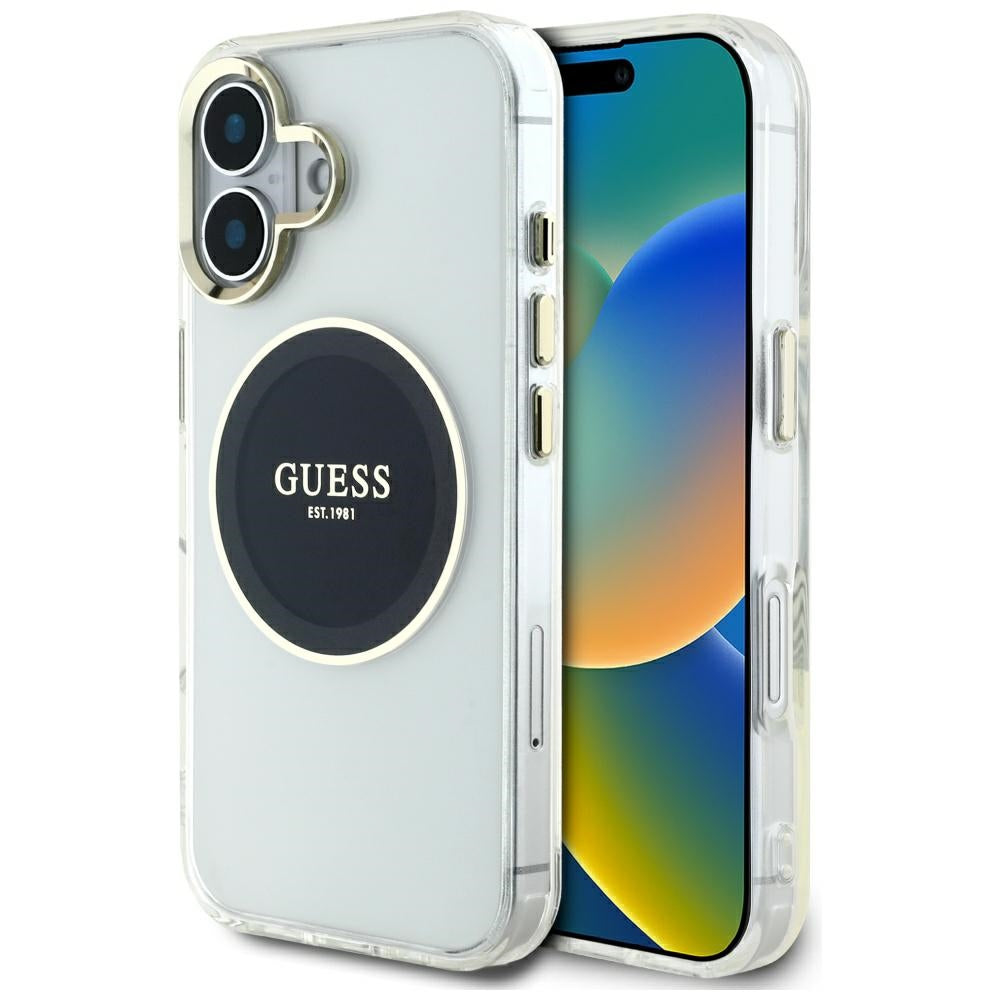 MagSafe Hülle für Apple iPhone 16, Guess, IML Metal Colored Circle, Schwarz