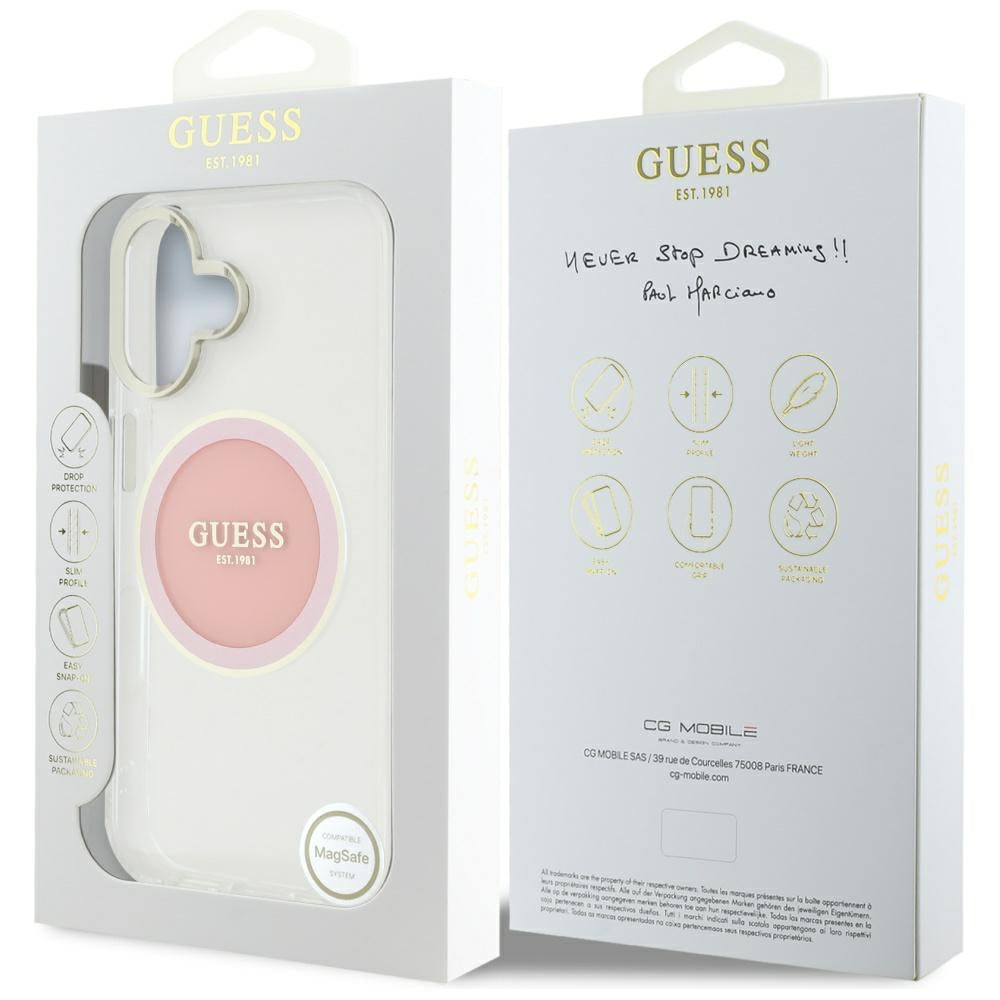 MagSafe Hülle für Apple iPhone 16, Guess, IML Metal Colored Circle, Rosa