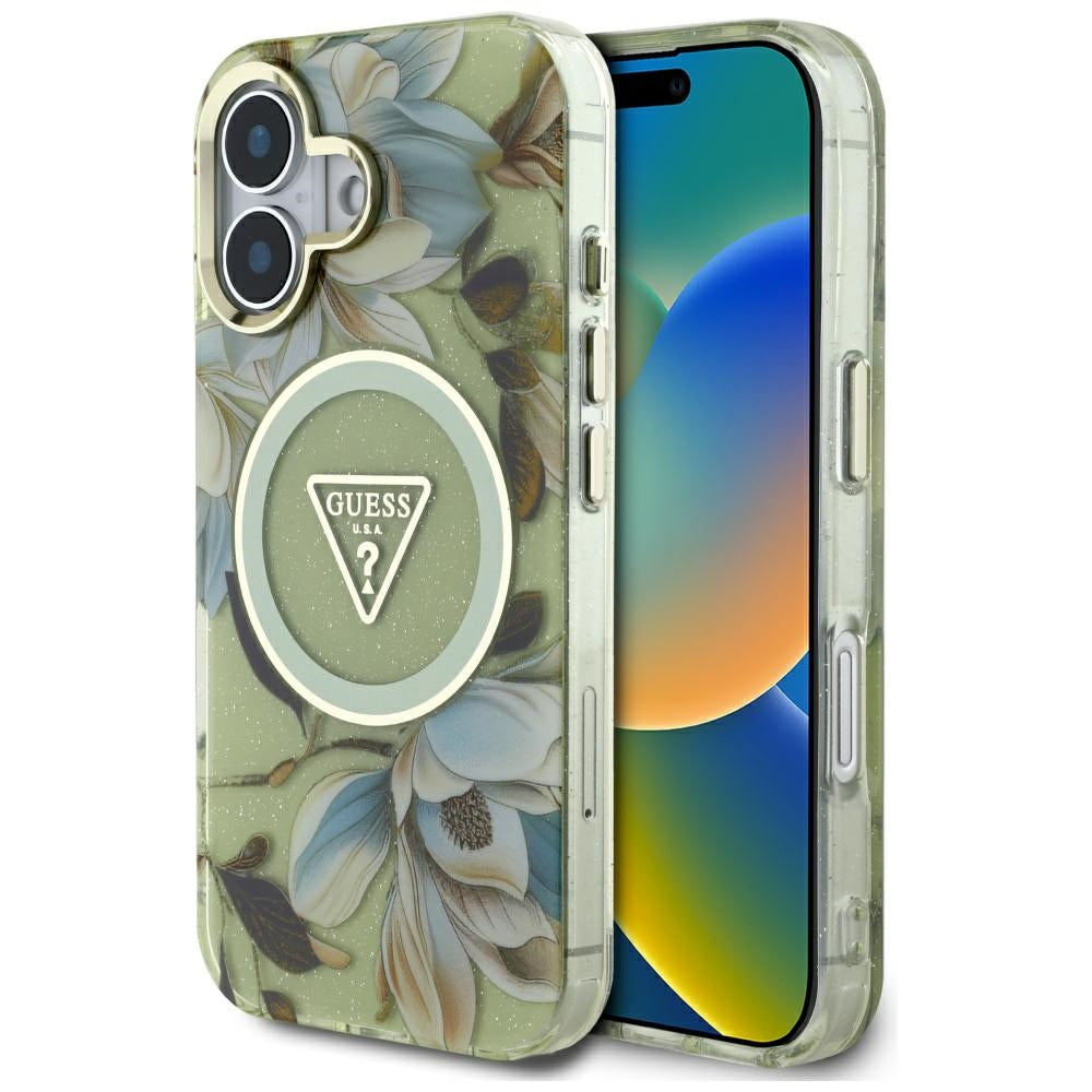 MagSafe Hülle für Apple iPhone 16, Guess, IML Metal Glitter Flowers Triangle, Grün