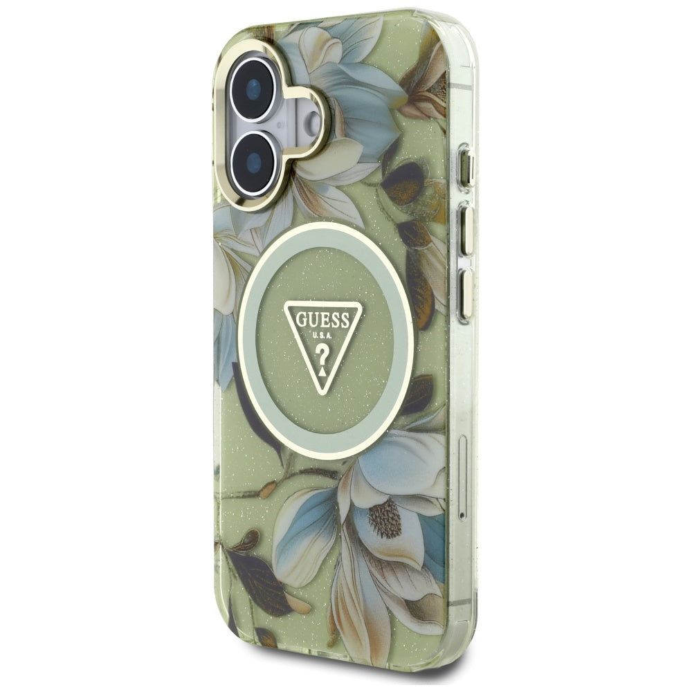 MagSafe Hülle für Apple iPhone 16, Guess, IML Metal Glitter Flowers Triangle, Grün