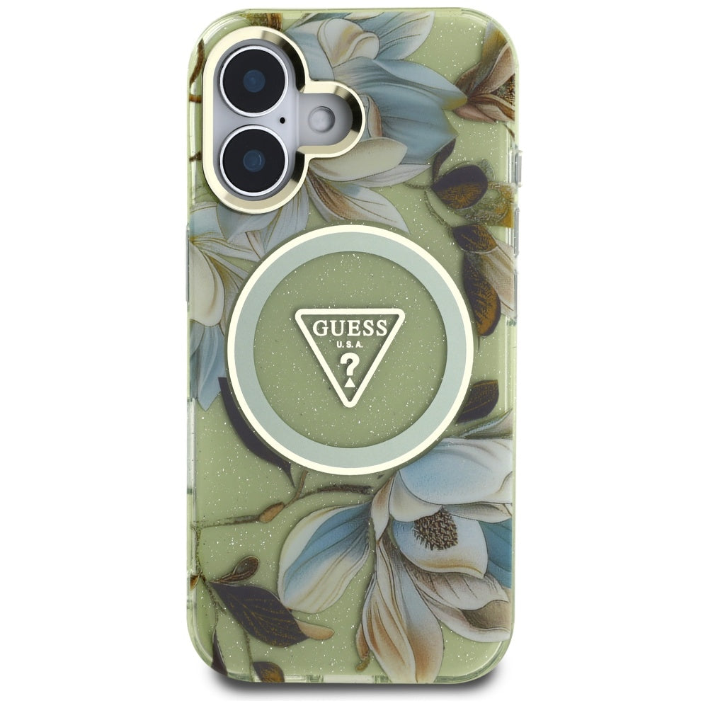 MagSafe Hülle für Apple iPhone 16, Guess, IML Metal Glitter Flowers Triangle, Grün