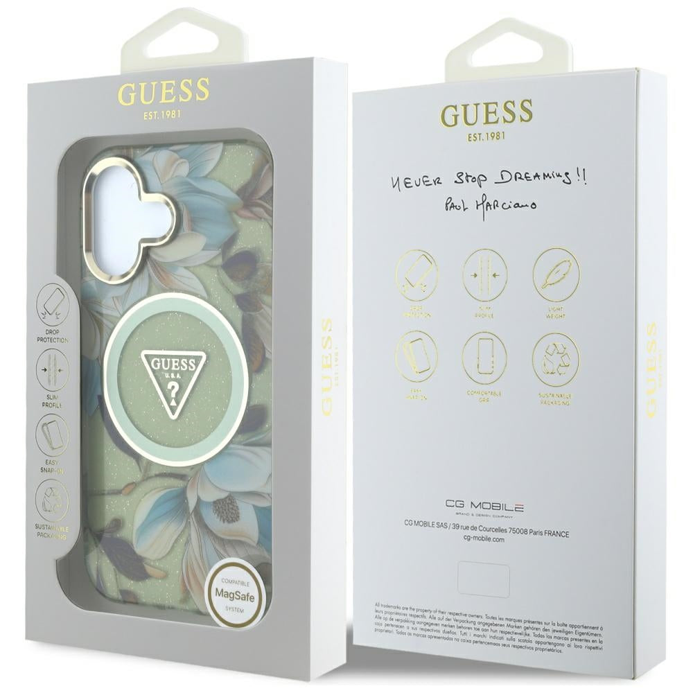 MagSafe Hülle für Apple iPhone 16, Guess, IML Metal Glitter Flowers Triangle, Grün