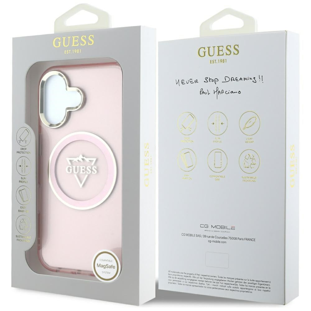 MagSafe Case for Apple iPhone 16, Guess, IML Metal Mountain Logo, Pink