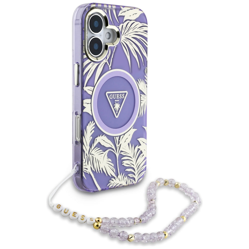 MagSafe Hülle für Apple iPhone 16, Guess, IML Palm Trees Triangle mit Perlenband, Lila