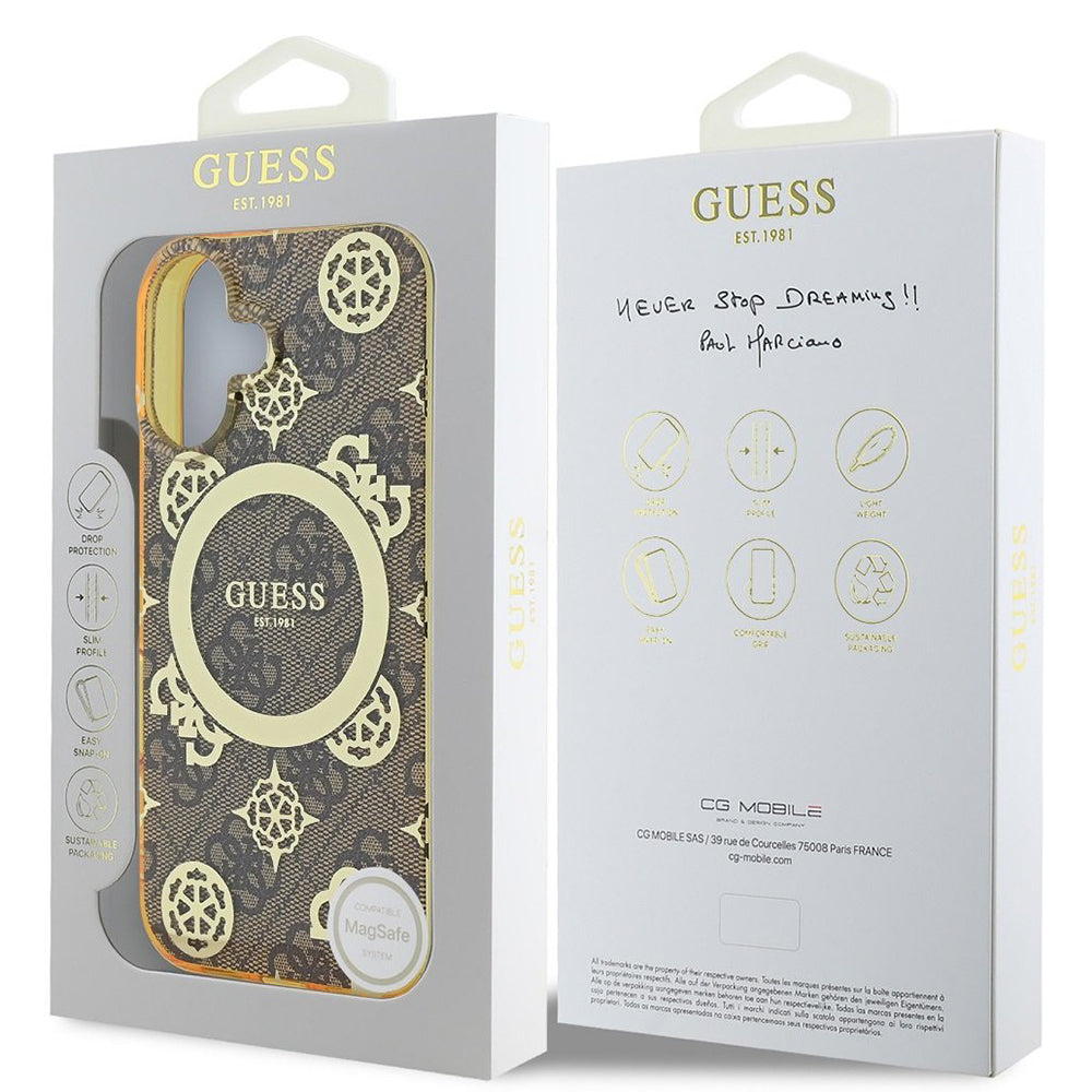 MagSafe Case for Apple iPhone 16, Guess, IML Peony On 4G Background, Brown